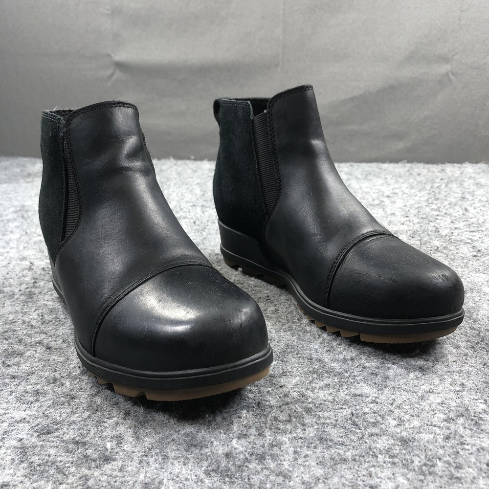 Sorel Evie Boots Womens 8 Black Leather Suede Pull On Chelsea Ankle Booties